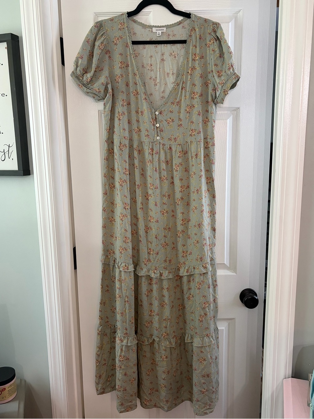 Eyeshadow Sage Green Floral Maxi Dress with Rust Accents
